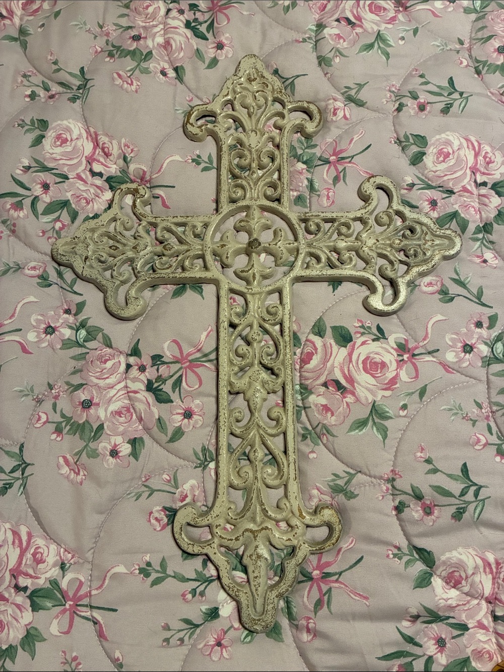 Large Ornate Cast Iron Wall Cross in Distressed Cream